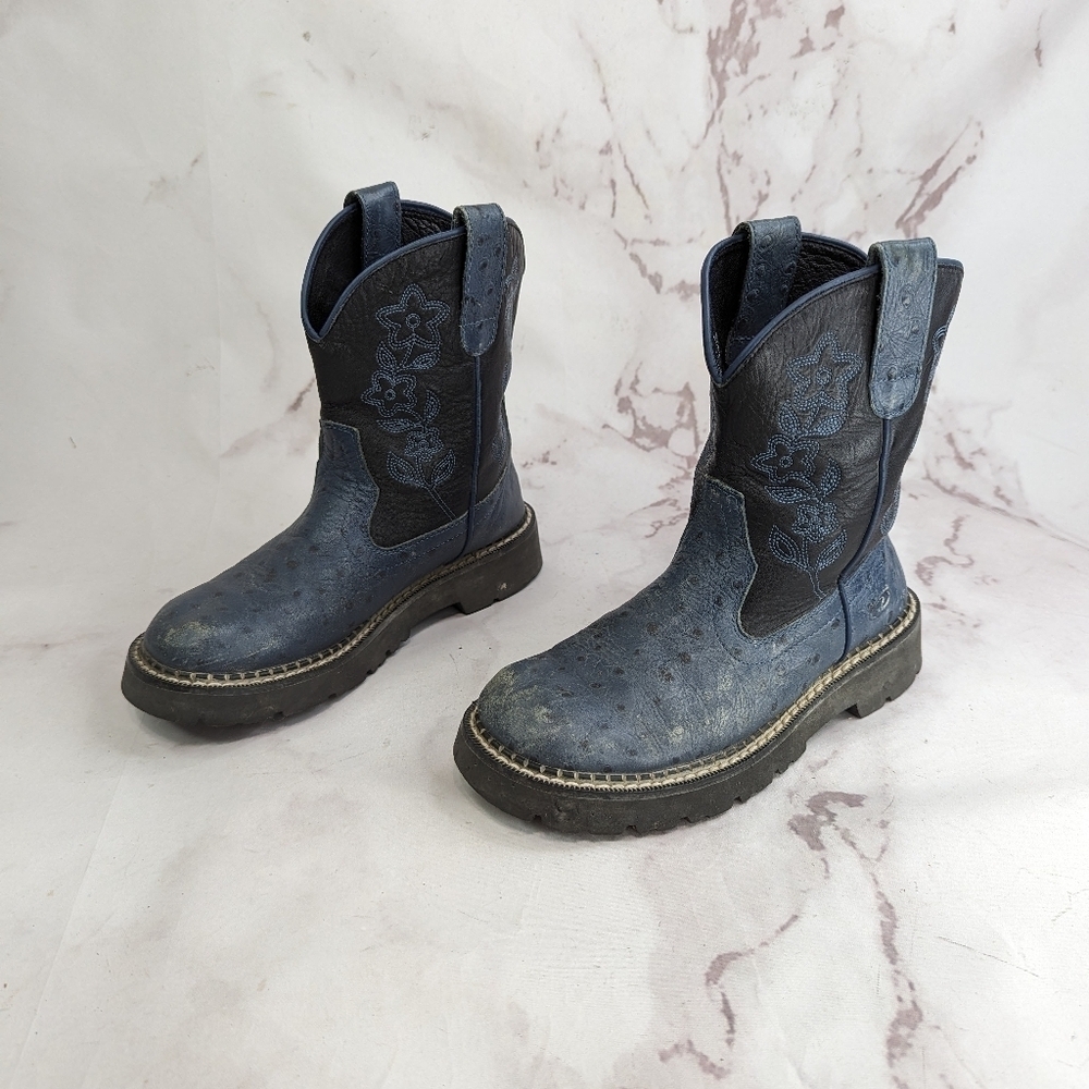 Roper Boots Womens 6 Blue Black Ostrich Leather Western Cowboy Floral - Picture 5 of 11